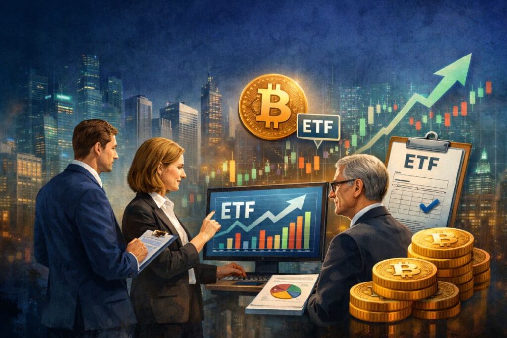 Financial advisors analyzing cryptocurrency ETFs with Bitcoin charts and digital assets in a modern city setting.