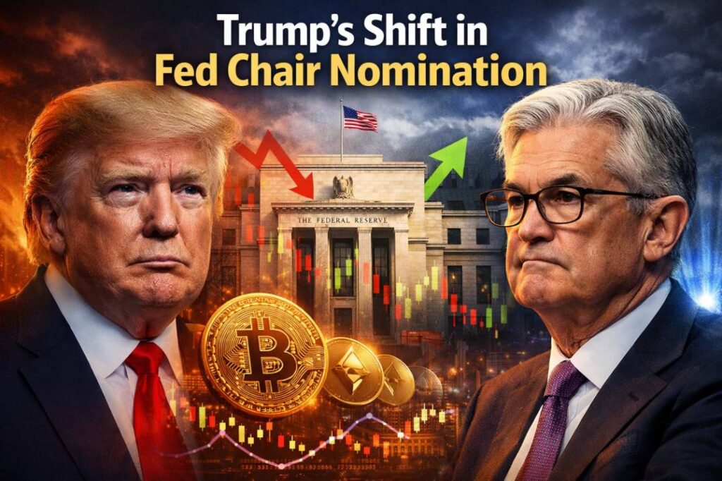 Donald Trump and Jerome Powell face each other with the Federal Reserve building and cryptocurrency market charts in the background.
