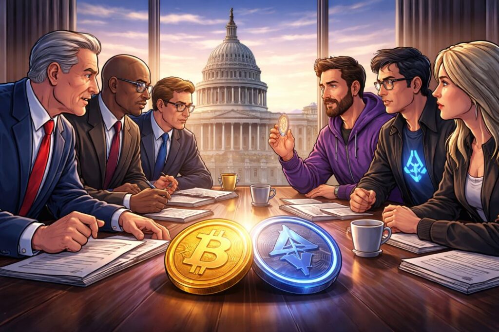 Wall Street executives and crypto leaders hold private talks on the U.S. crypto market structure bill near Capitol Hill.
