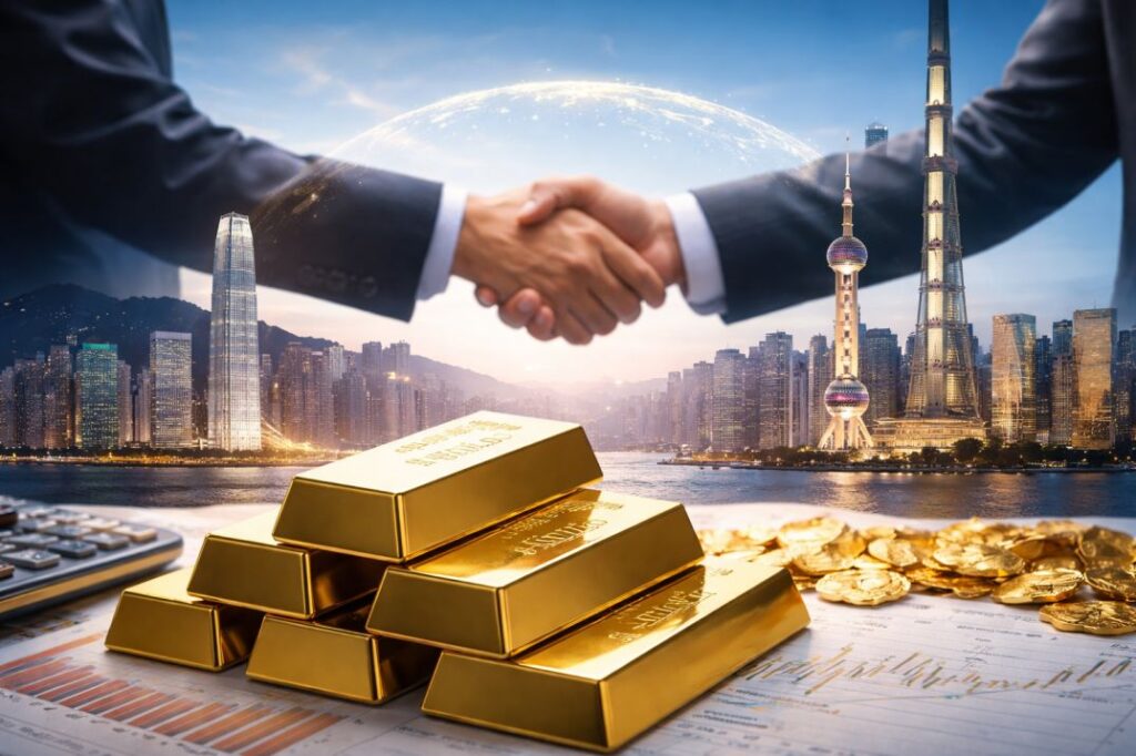 Business leaders shake hands over gold bars symbolizing Hong Kong and Shanghai gold trading Hong Kong gold trading cooperation and international market integration.